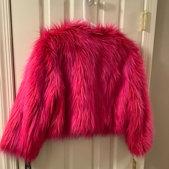 INC Hot Pink Faux Fur Rave Punk Glam Crop Bolero Jacket Size Large - Picture 11 of 15